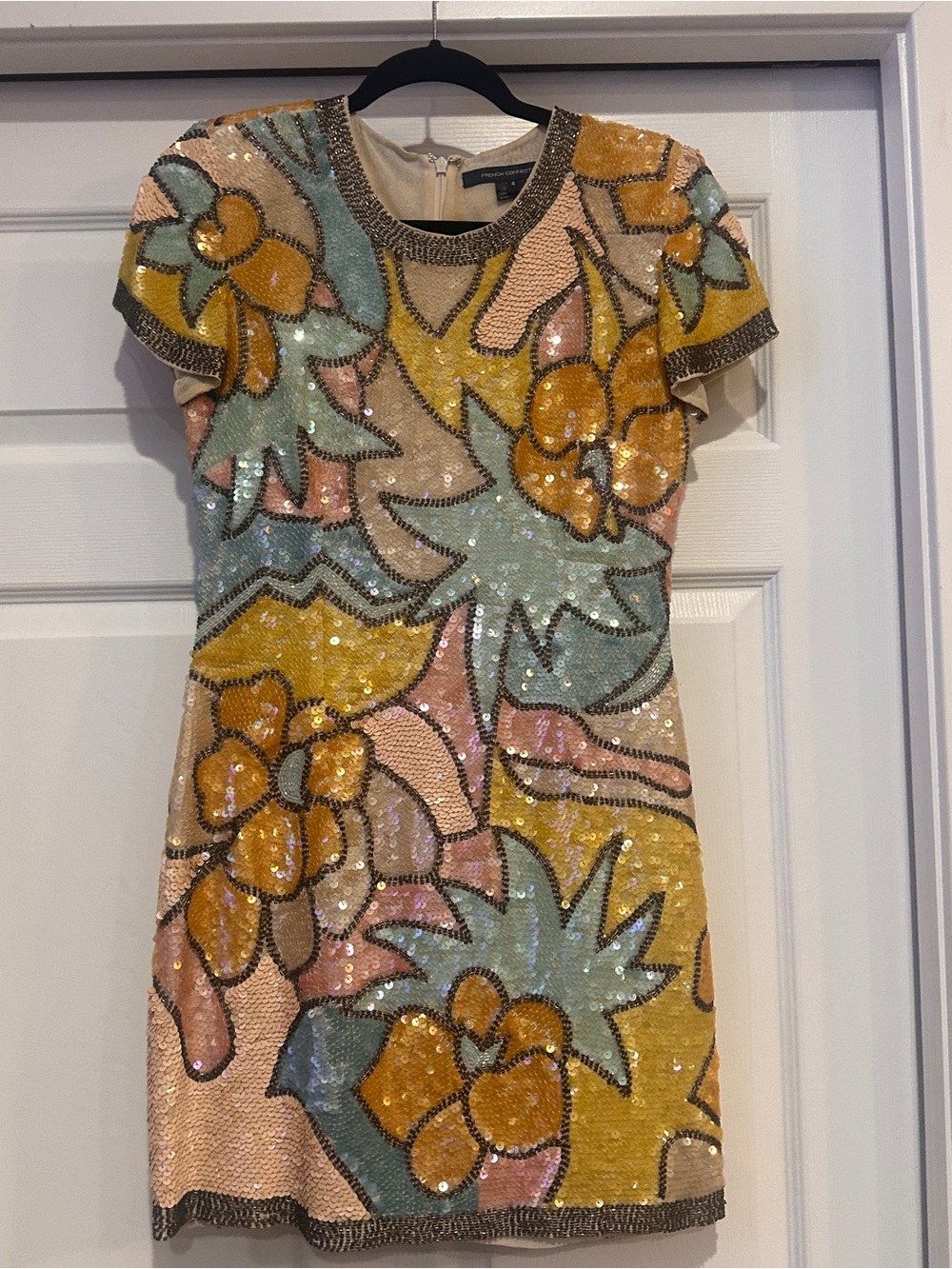 French Connection Sequin Floral Mini Dress - Pastel Yellow, Blue, Pink